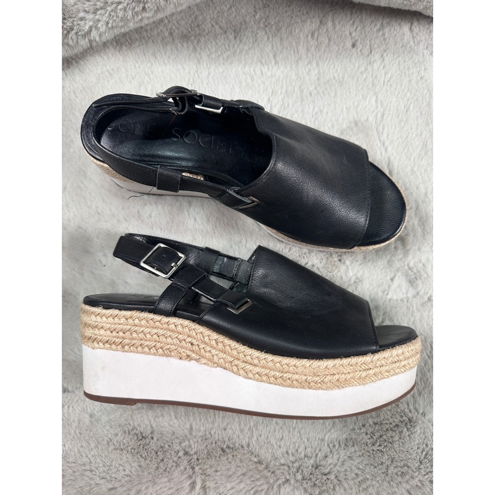 Sole Society Sandals Womens 8.5 Ayelani Platform Wedge Espadrille Black Leather